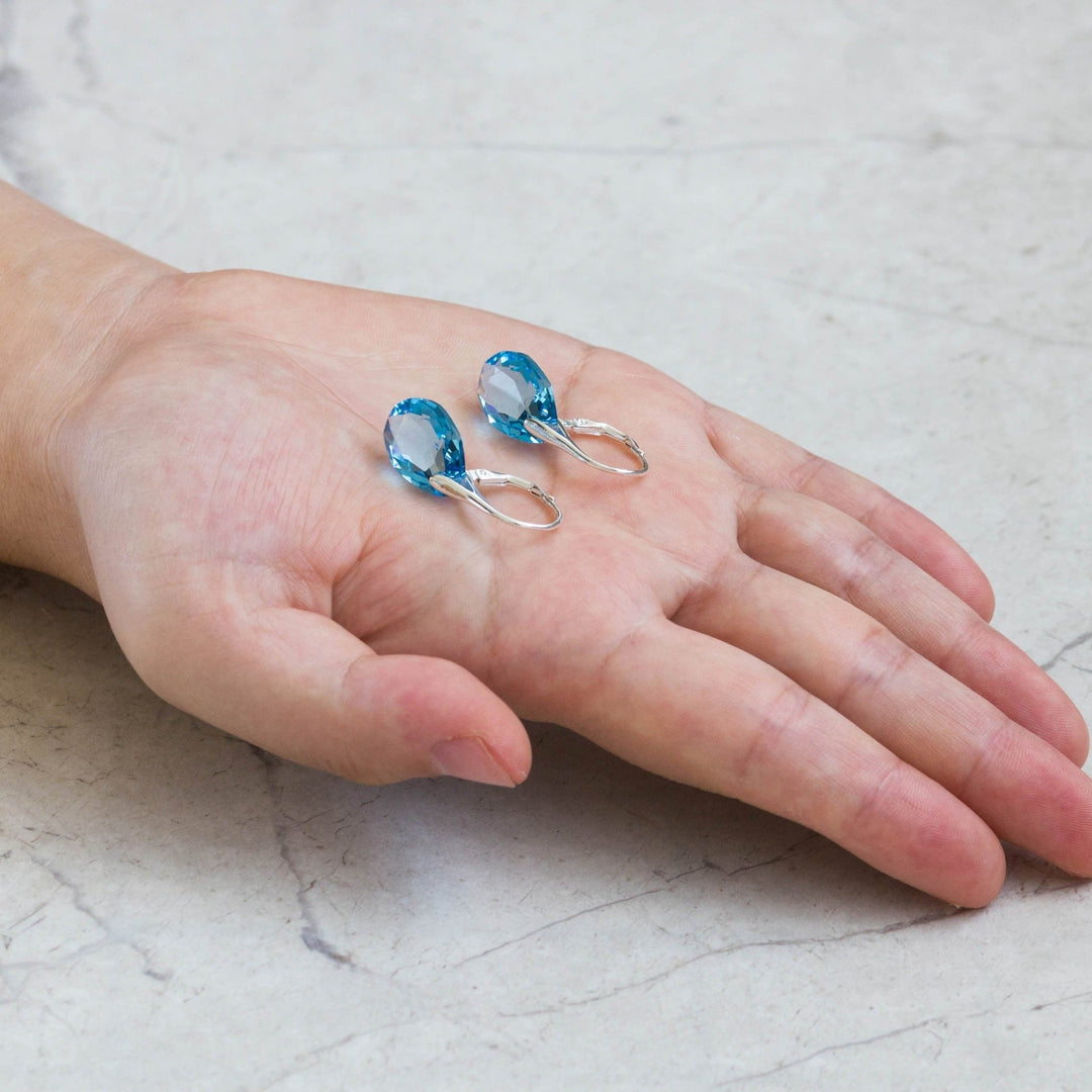 Sterling Silver Aquamarine Drop Earrings Created with Zircondia® Crystals - Philip Jones Jewellery
