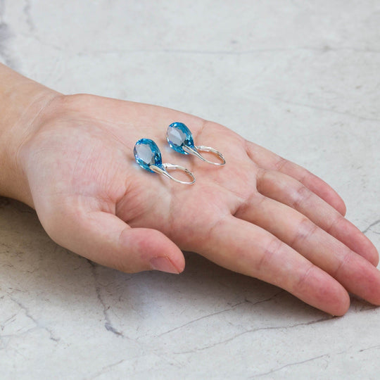 Sterling Silver Aquamarine Drop Earrings Created with Zircondia® Crystals - Philip Jones Jewellery