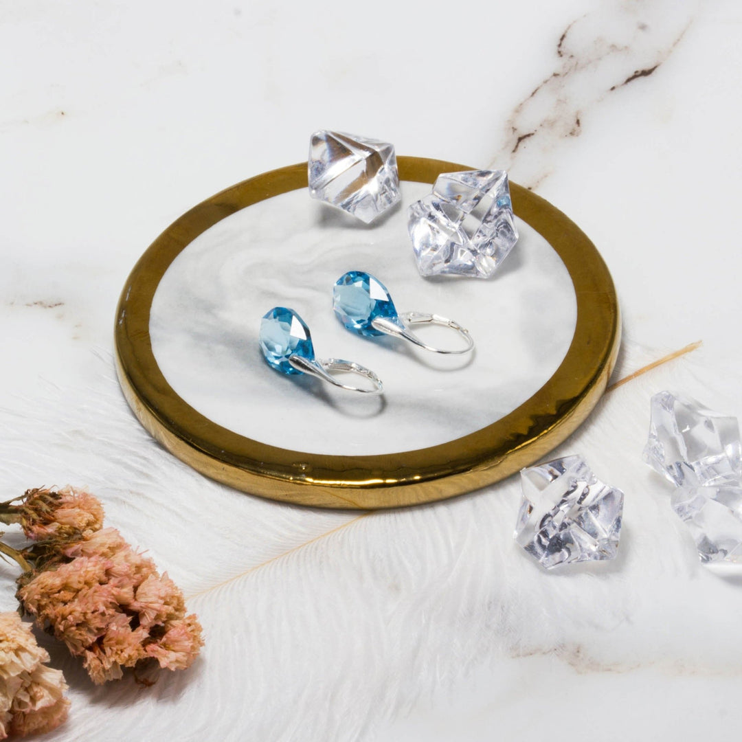Sterling Silver Aquamarine Drop Earrings Created with Zircondia® Crystals - Philip Jones Jewellery