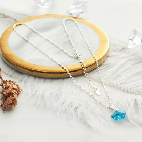 Sterling Silver Aquamarine Heart Necklace Created with Zircondia® Crystals - Philip Jones Jewellery