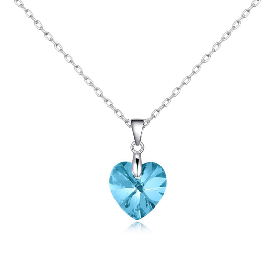Sterling Silver Aquamarine Heart Necklace Created with Zircondia® Crystals - Philip Jones Jewellery