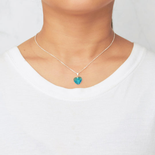 Sterling Silver Aquamarine Heart Necklace Created with Zircondia® Crystals - Philip Jones Jewellery