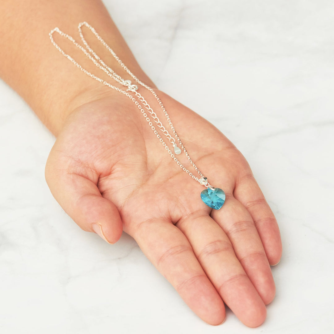 Sterling Silver Aquamarine Heart Necklace Created with Zircondia® Crystals - Philip Jones Jewellery