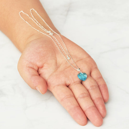 Sterling Silver Aquamarine Heart Necklace Created with Zircondia® Crystals - Philip Jones Jewellery