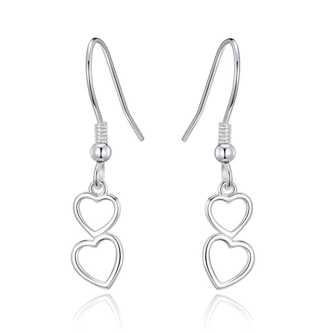 Sterling Silver Double Heart Drop Earrings - Philip Jones Jewellery