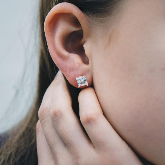 Sterling Silver Square Earrings Created with Zircondia® Crystals - Philip Jones Jewellery