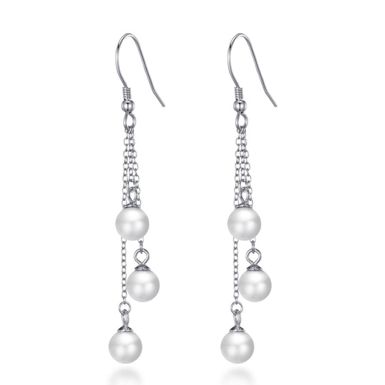 Sterling Silver Triple White Pearl Drop Earrings - Philip Jones Jewellery