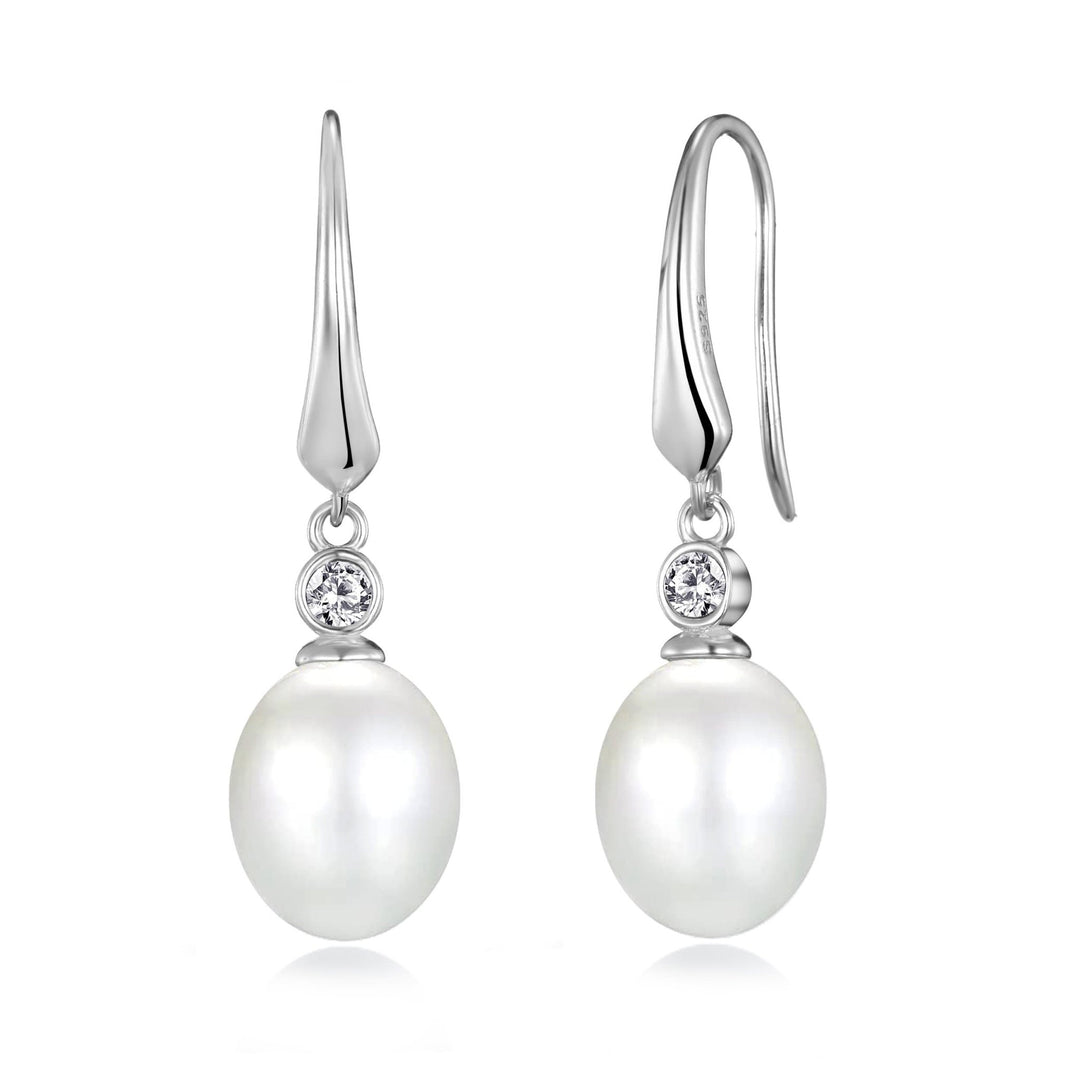 Sterling Silver White Pearl Drop Earrings Created with Zircondia® Crystals - Philip Jones Jewellery