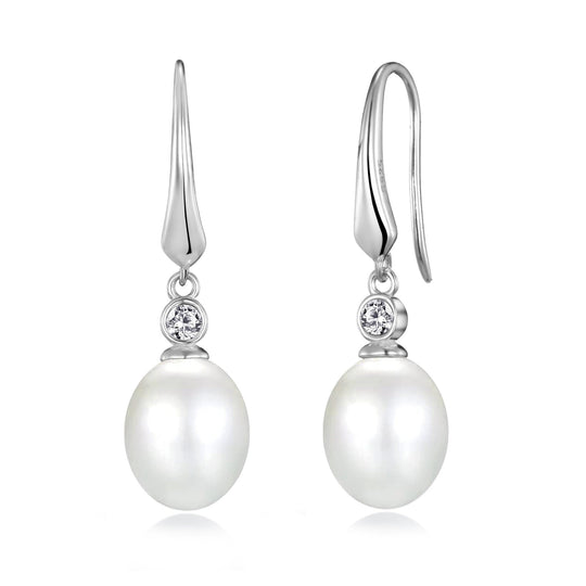 Sterling Silver White Pearl Drop Earrings Created with Zircondia® Crystals - Philip Jones Jewellery