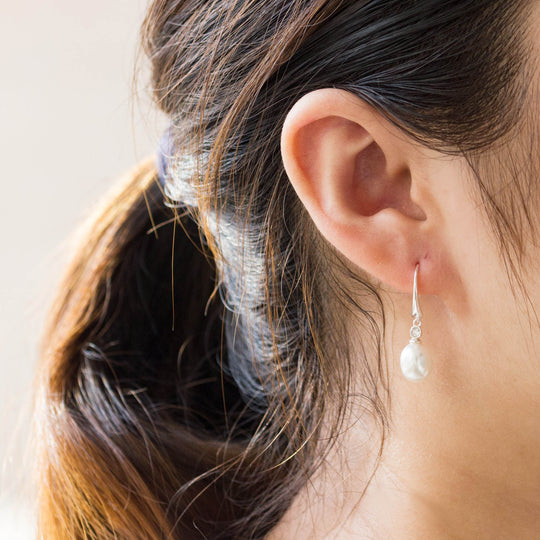 Sterling Silver White Pearl Drop Earrings Created with Zircondia® Crystals - Philip Jones Jewellery