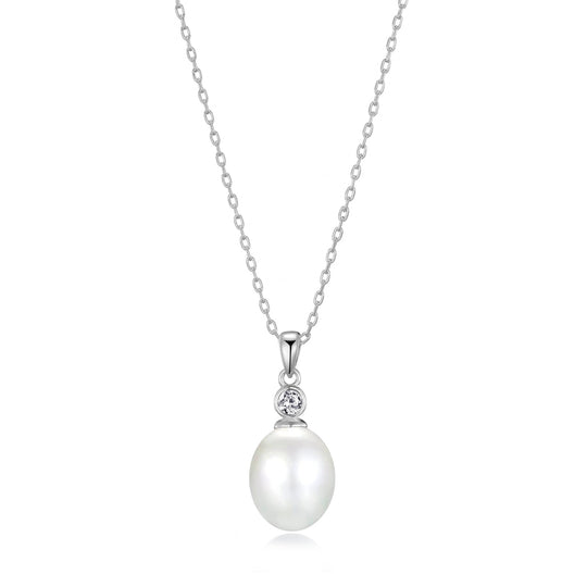 Sterling Silver White Pearl Drop Necklace Created with Zircondia® Crystals - Philip Jones Jewellery