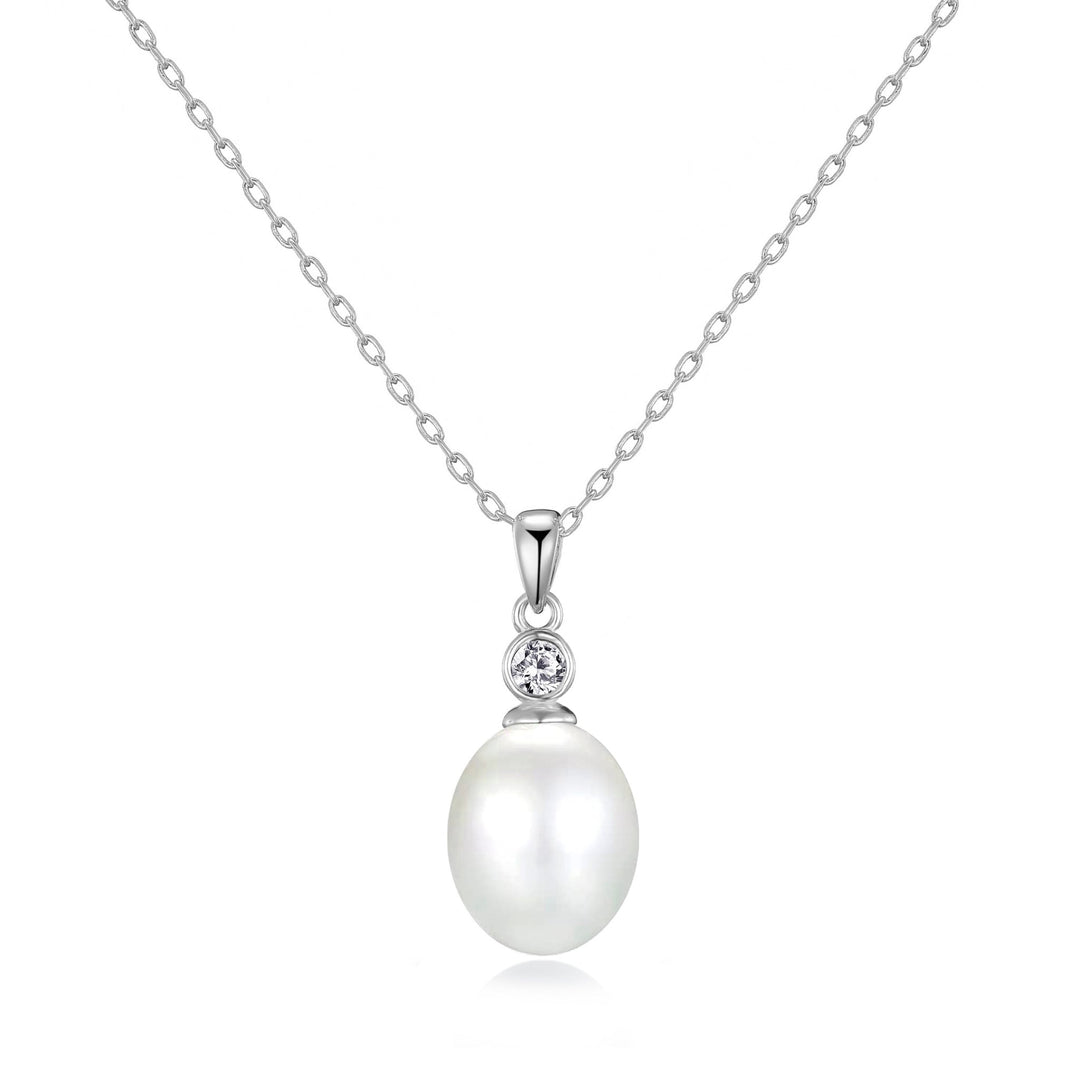 Sterling Silver White Pearl Drop Necklace Created with Zircondia® Crystals - Philip Jones Jewellery