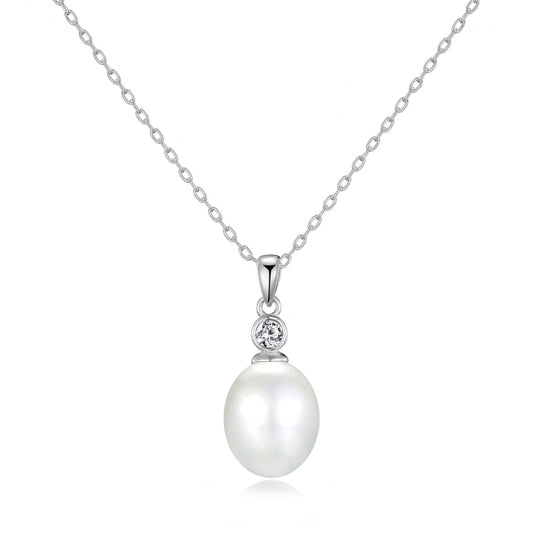 Sterling Silver White Pearl Drop Necklace Created with Zircondia® Crystals - Philip Jones Jewellery