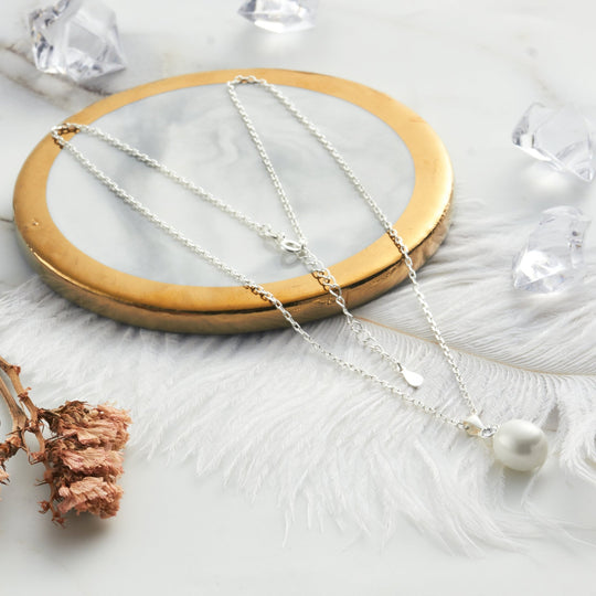 Sterling Silver White Pearl Drop Necklace Created with Zircondia® Crystals - Philip Jones Jewellery