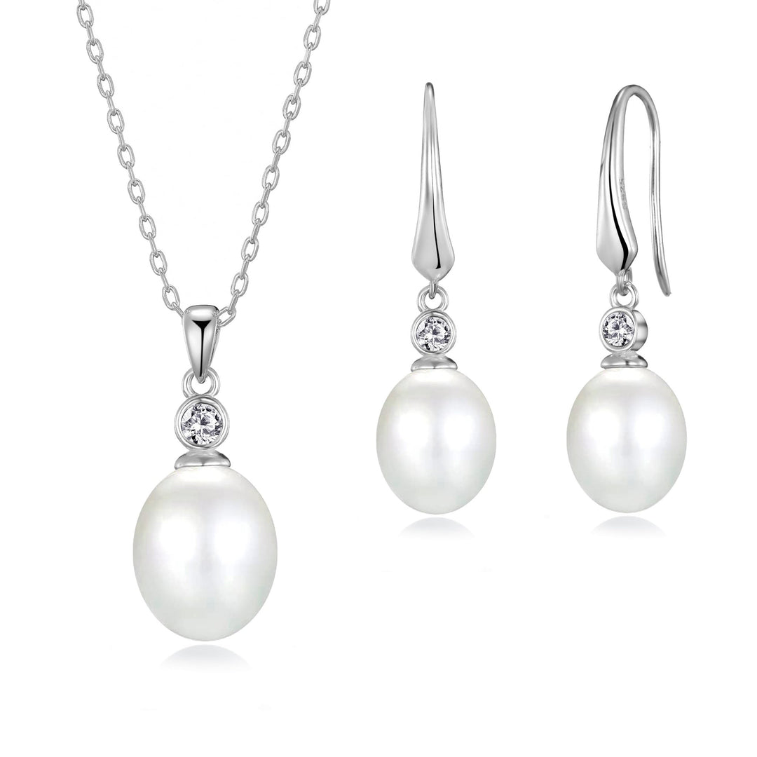Sterling Silver White Pearl Drop Set Created with Zircondia® Crystals - Philip Jones Jewellery