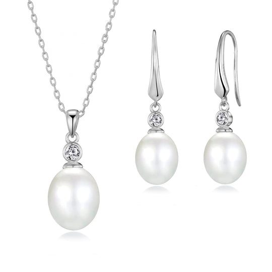 Sterling Silver White Pearl Drop Set Created with Zircondia® Crystals - Philip Jones Jewellery