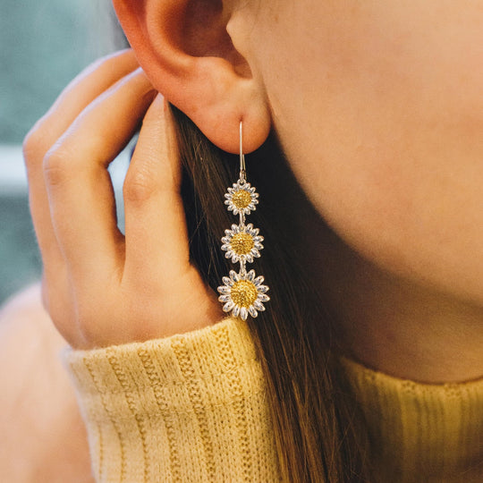 Triple Daisy Drop Earrings - Philip Jones Jewellery