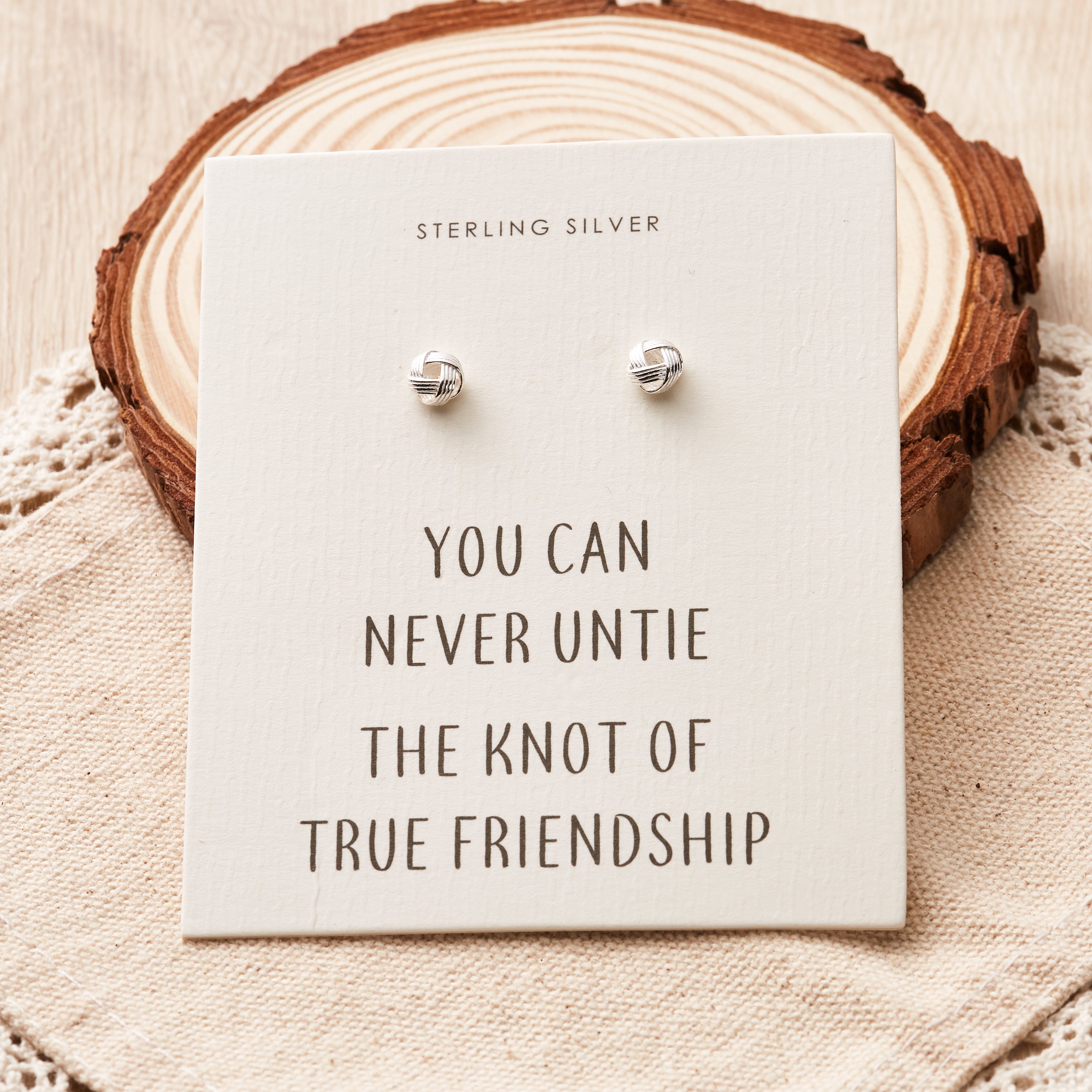 Sterling Silver Friendship Quote Knot Earrings