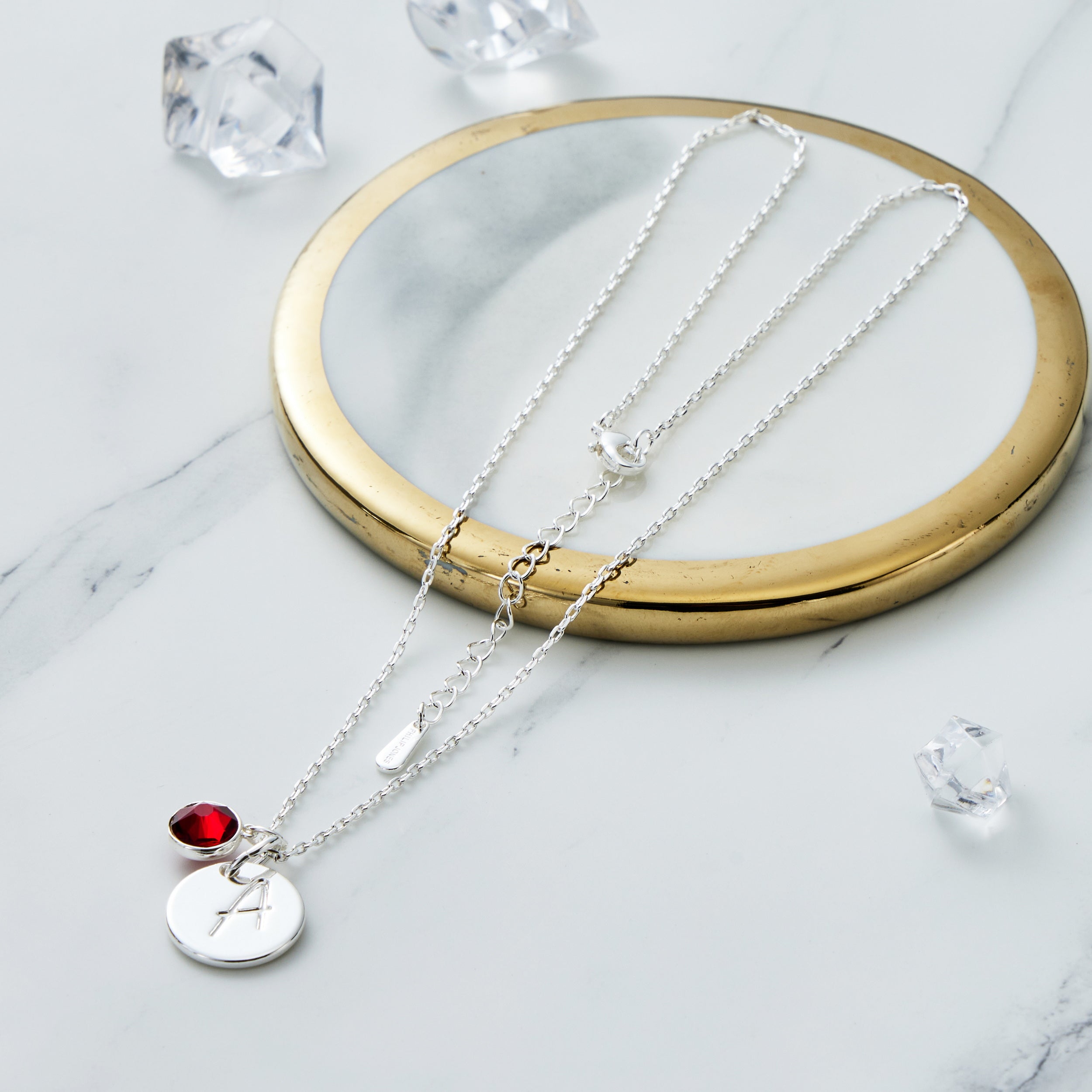 January (Garnet) Birthstone Necklace with Initial Charm (A to Z) Created with Zircondia® Crystals
