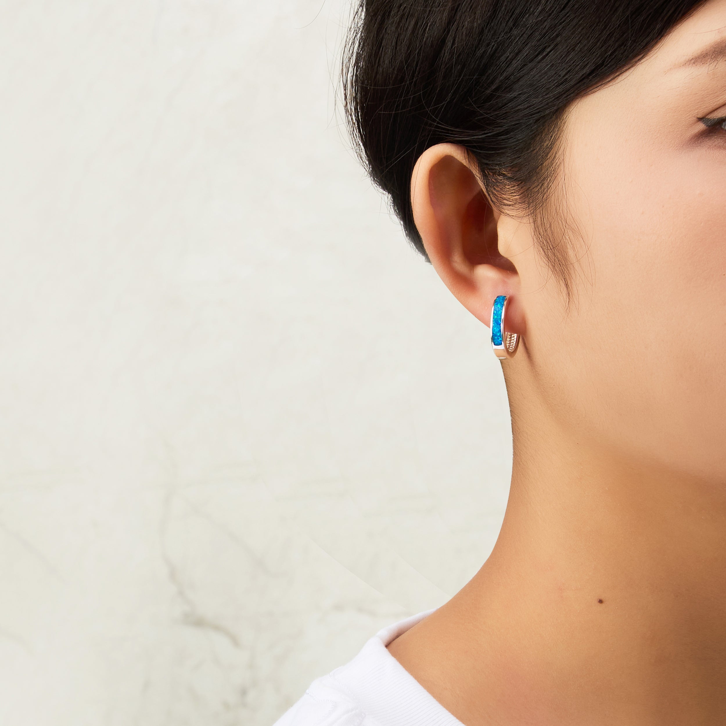 Blue Synthetic Opal Hoop Earrings