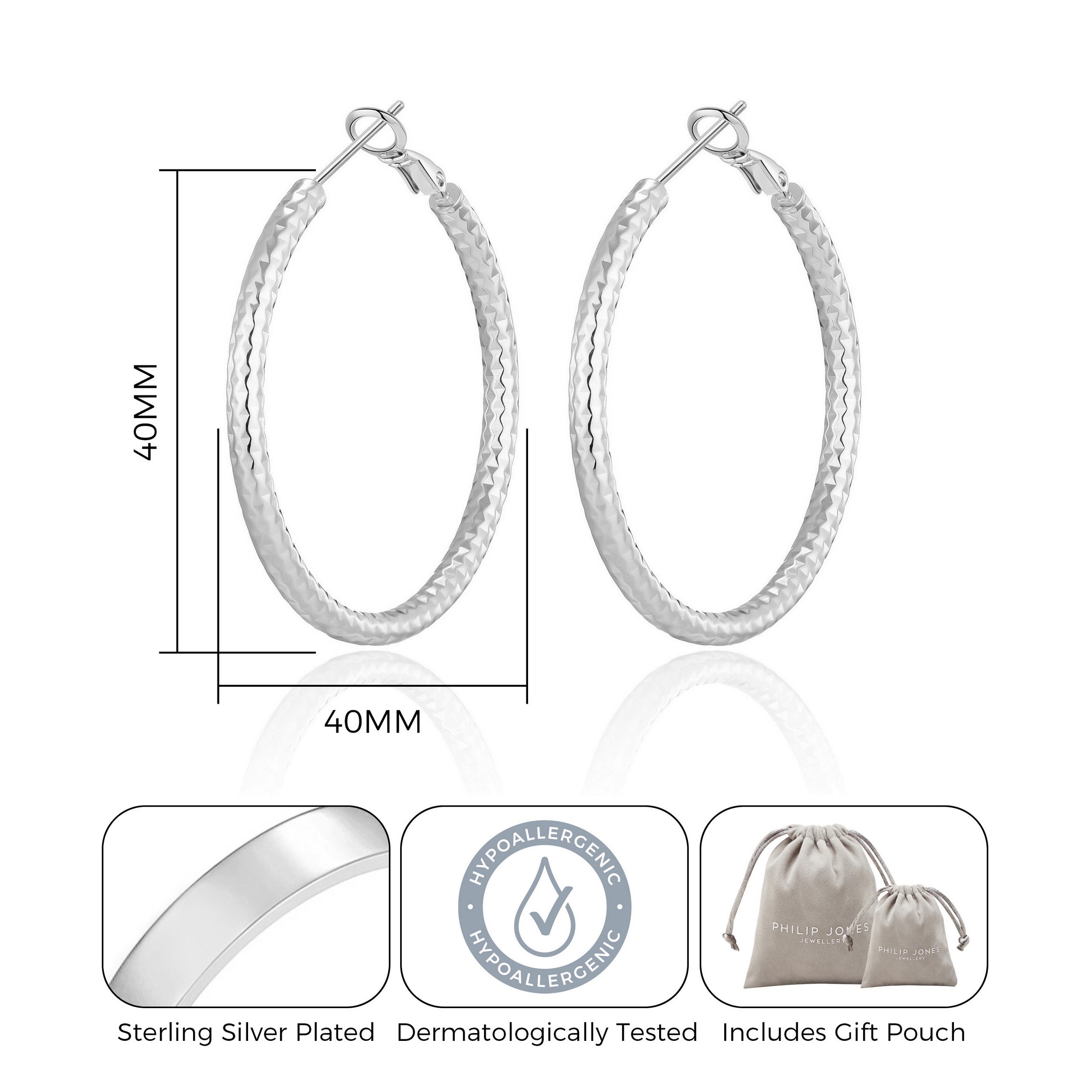 Silver Plated 40mm Diamond Cut Hoop Earrings