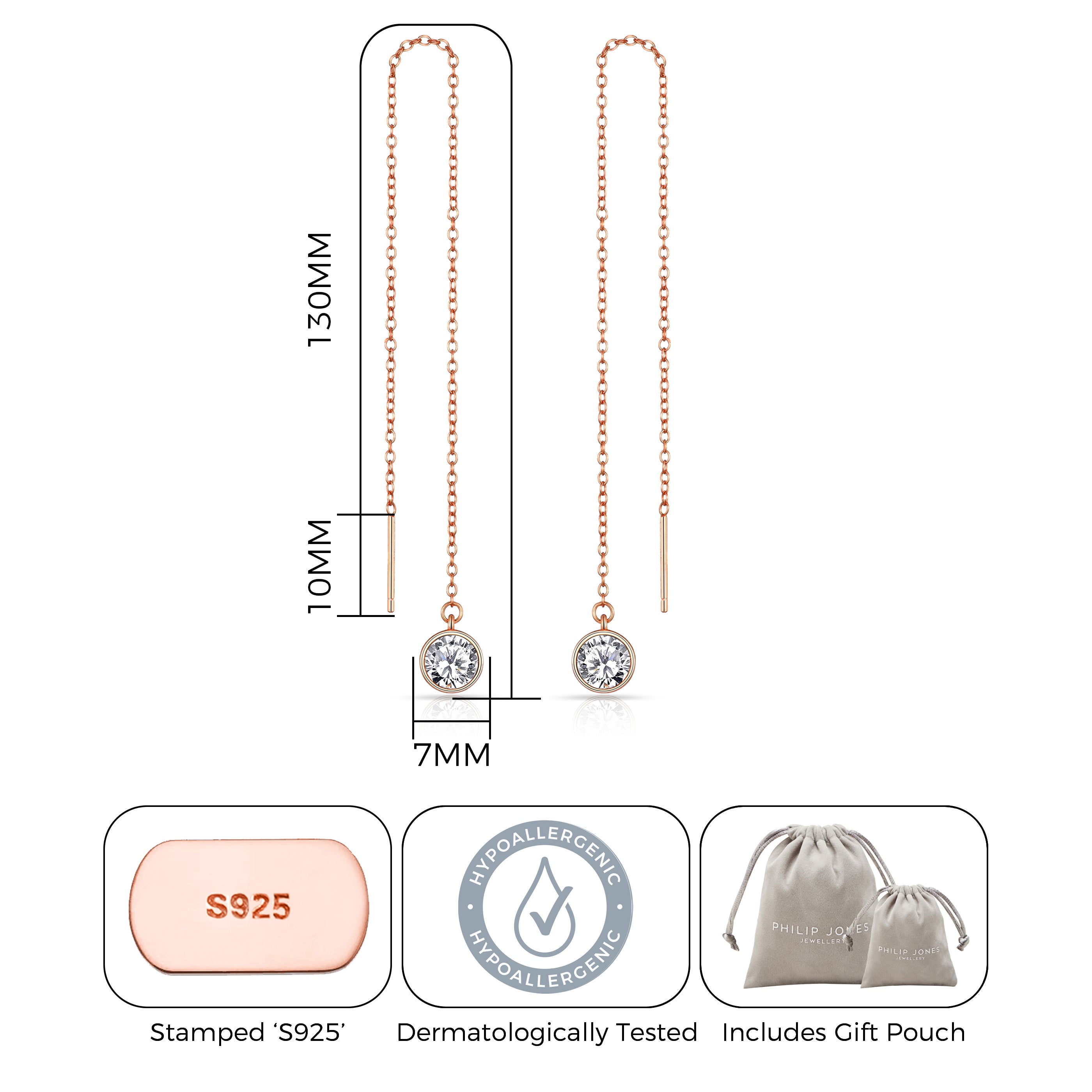 Rose Gold Plated Sterling Silver Thread Earrings Created with Zircondia® Crystals