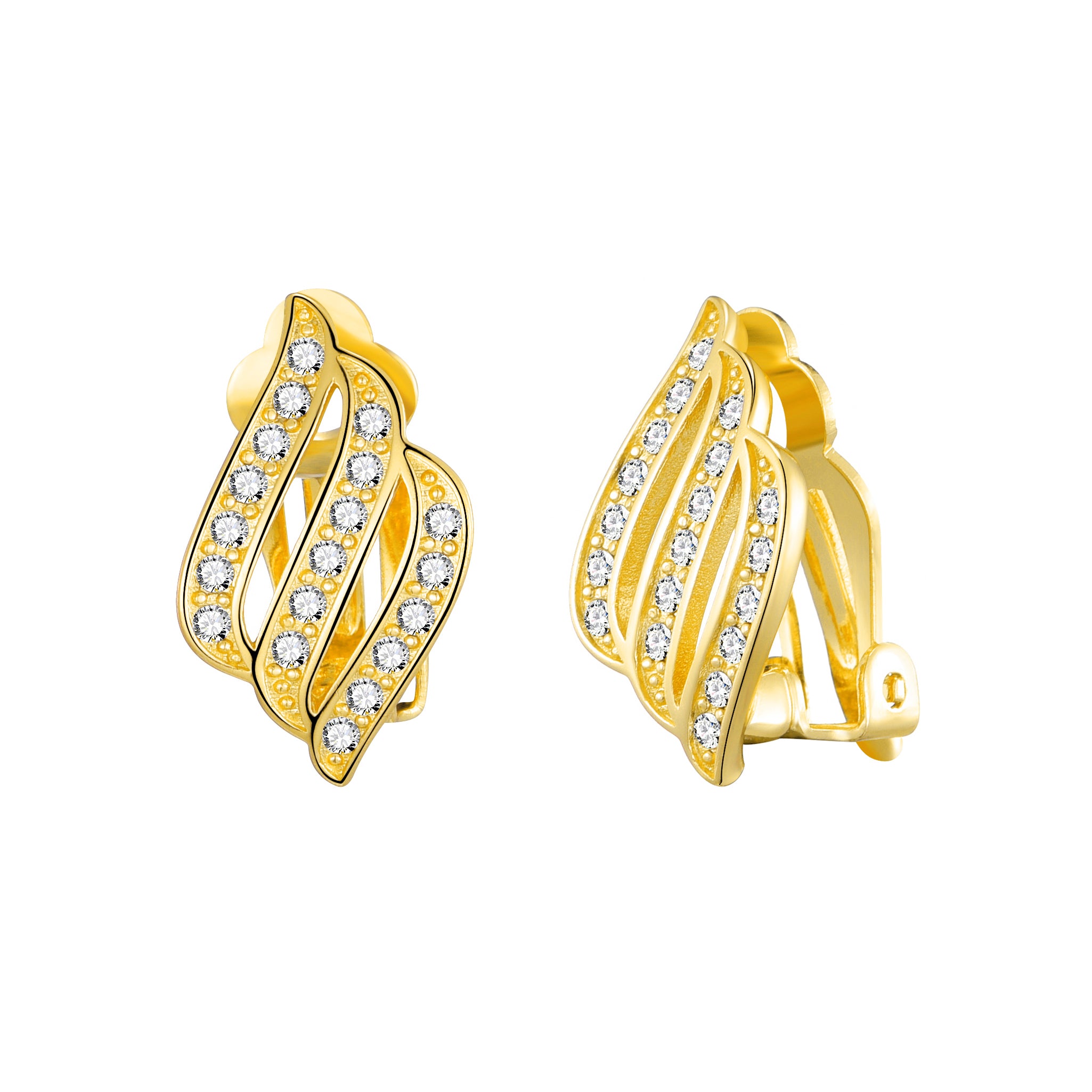 Gold Plated Triple Row Clip On Earrings Created with Zircondia® Crystals