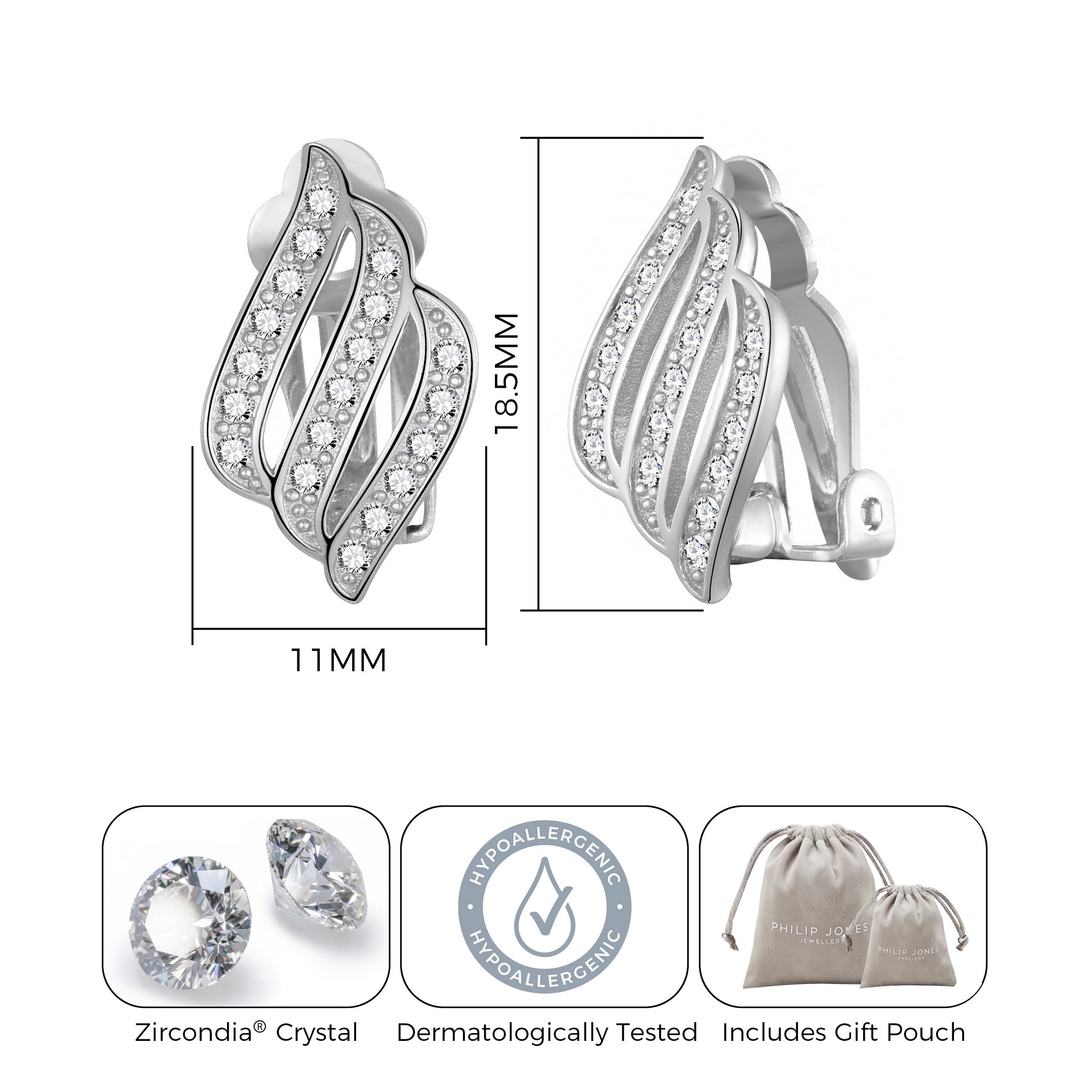 Silver Plated Triple Row Clip On Earrings Created with Zircondia® Crystals