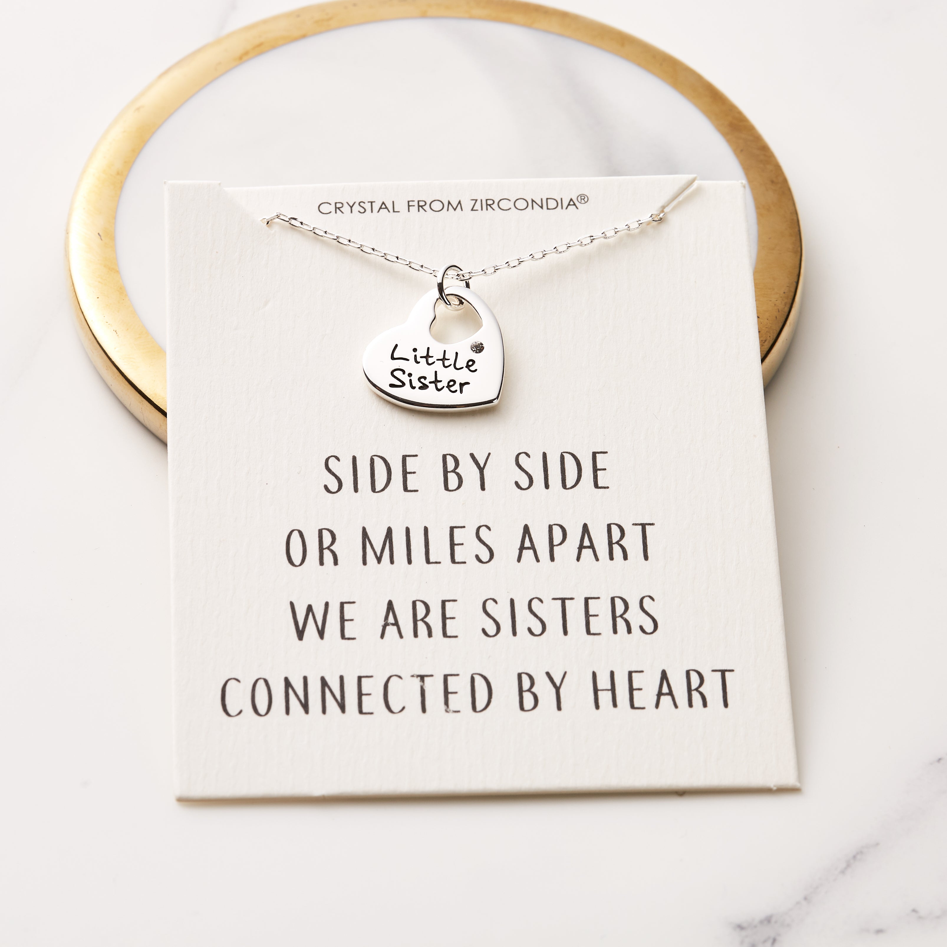 Little Sister Heart Necklace with Quote Card Created with Zircondia® Crystals