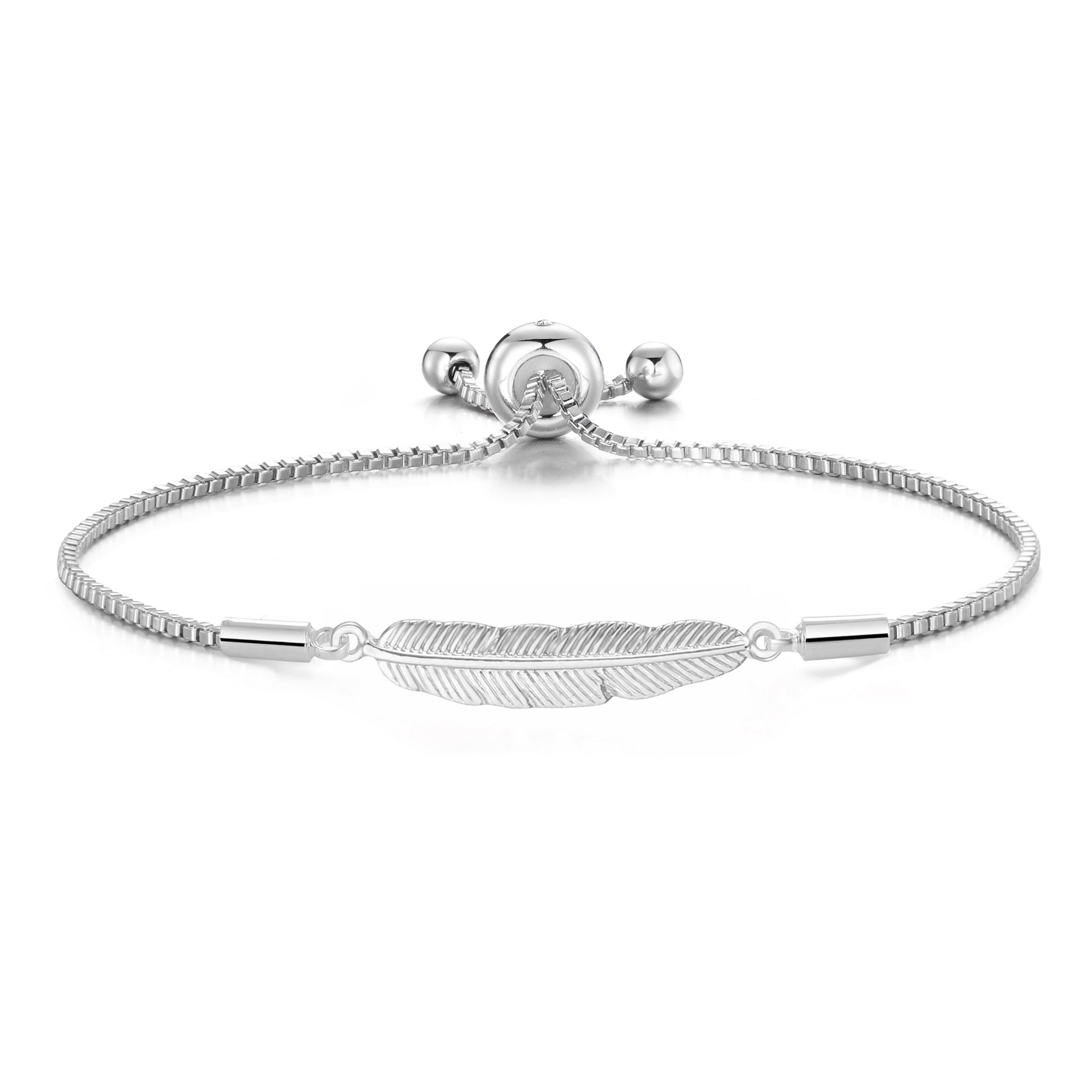Silver Plated Feather Friendship Bracelet Created with Zircondia® Crystals by Philip Jones Jewellery