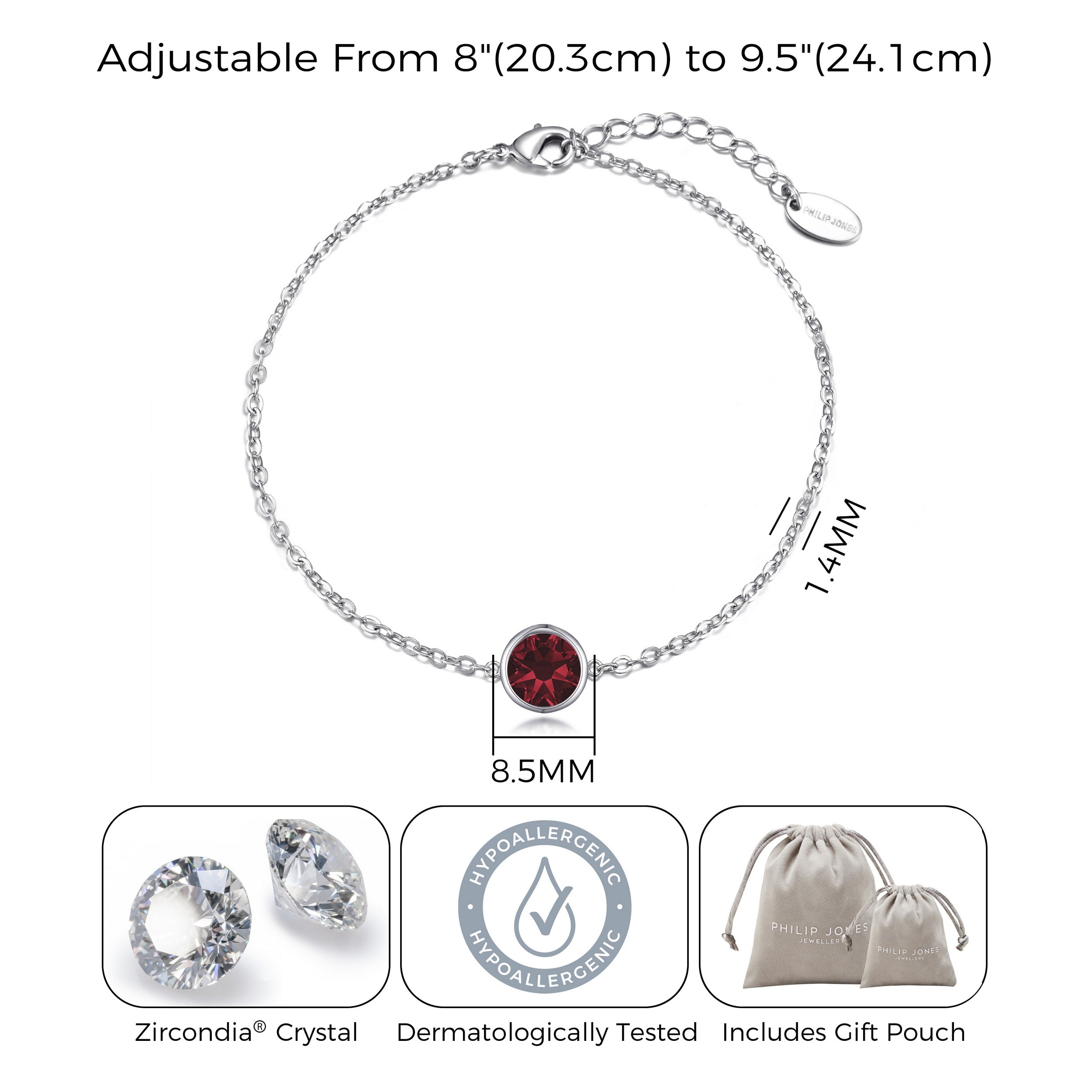 January (Garnet) Birthstone Anklet Created with Zircondia® Crystals