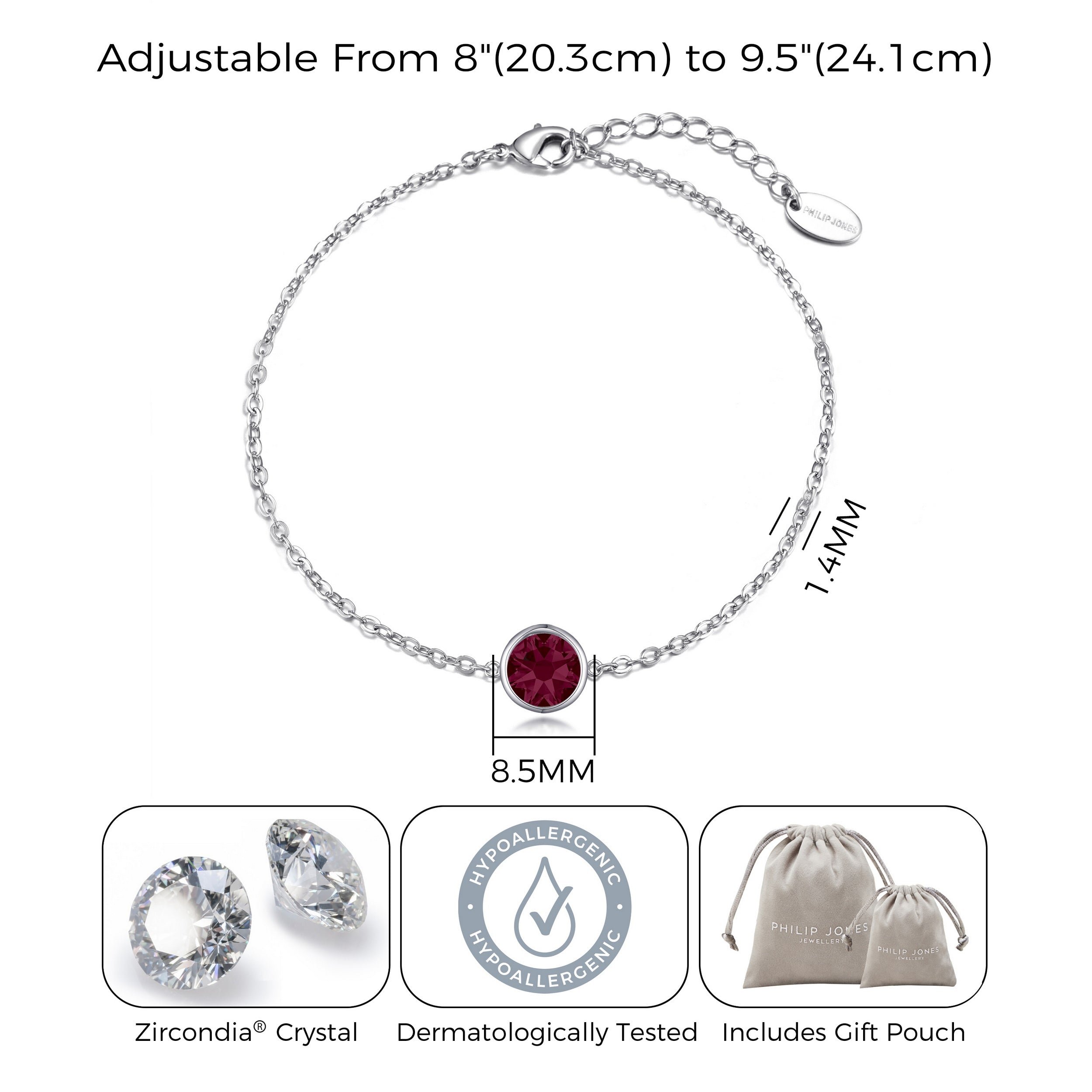 July (Ruby) Birthstone Anklet Created with Zircondia® Crystals