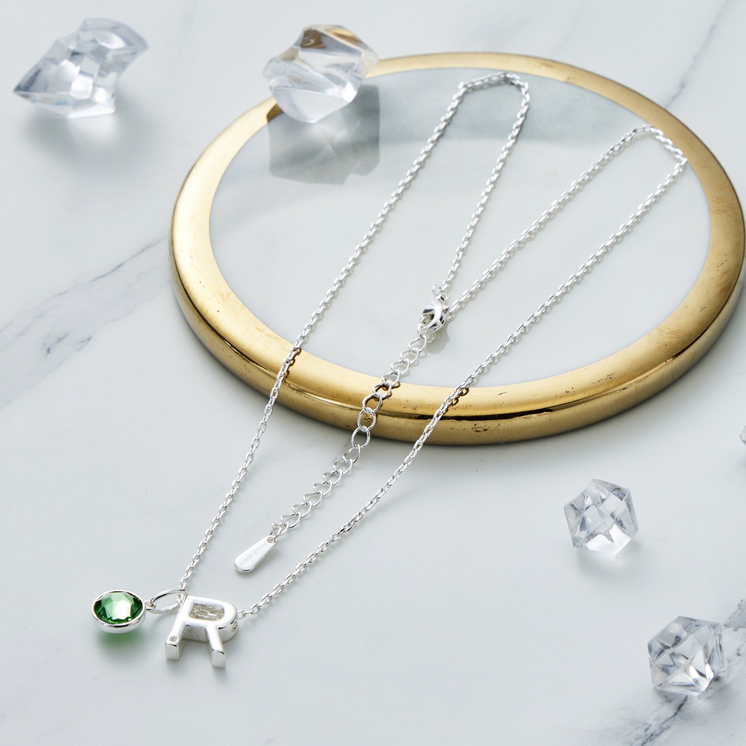 Initial R Necklace with Birthstone Charm Created with Zircondia® Crystals