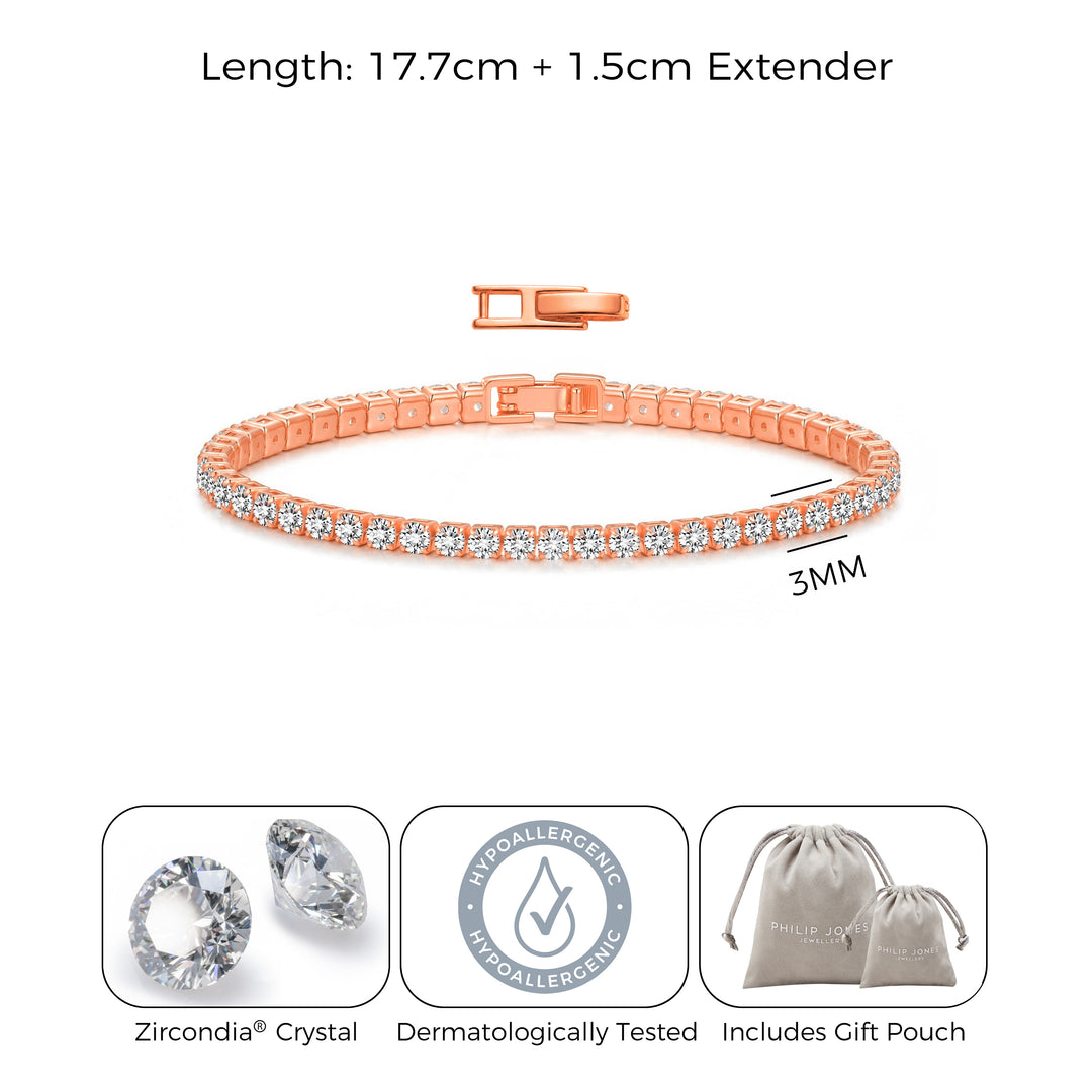 Rose Gold Plated 3mm Bridal Tennis Bracelet Created with Zircondia® Crystals