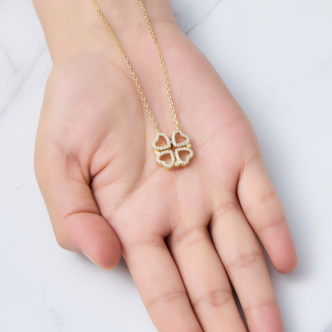 18k Gold Plated 2 in 1 Four Leaf Clover Heart Charm Necklace Created with Zircondia® Crystals - Philip Jones Jewellery