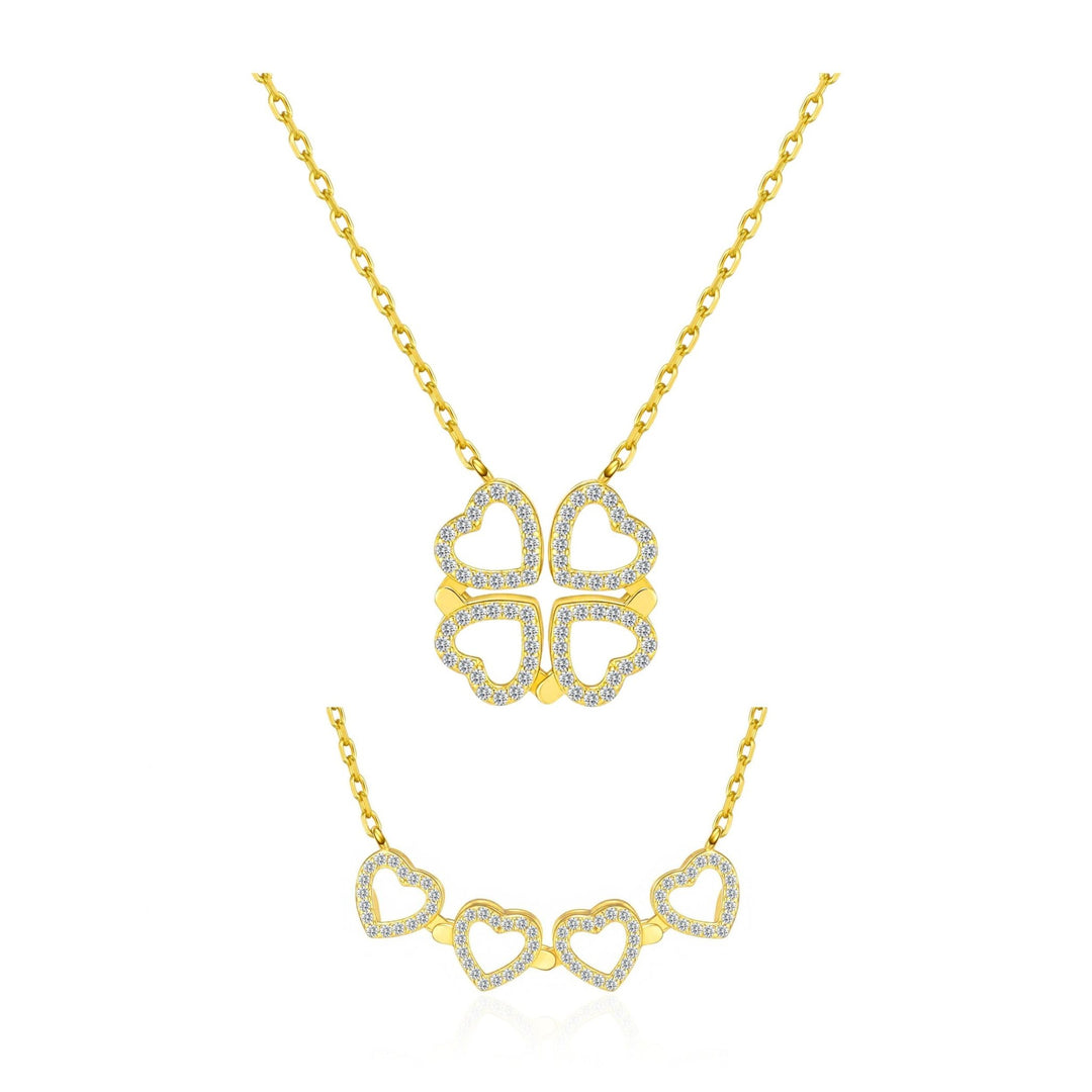 18k Gold Plated 2 in 1 Four Leaf Clover Heart Charm Necklace Created with Zircondia® Crystals - Philip Jones Jewellery