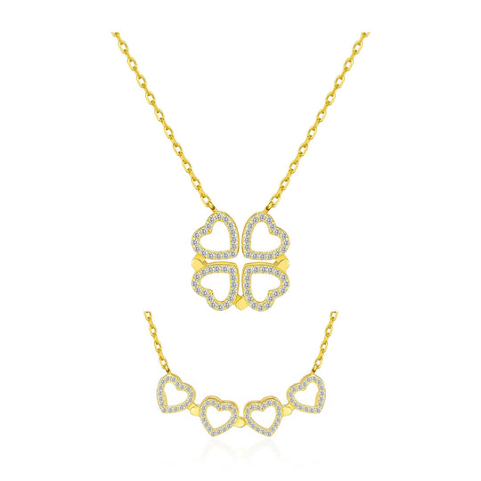 18k Gold Plated 2 in 1 Four Leaf Clover Heart Charm Necklace Created with Zircondia® Crystals - Philip Jones Jewellery
