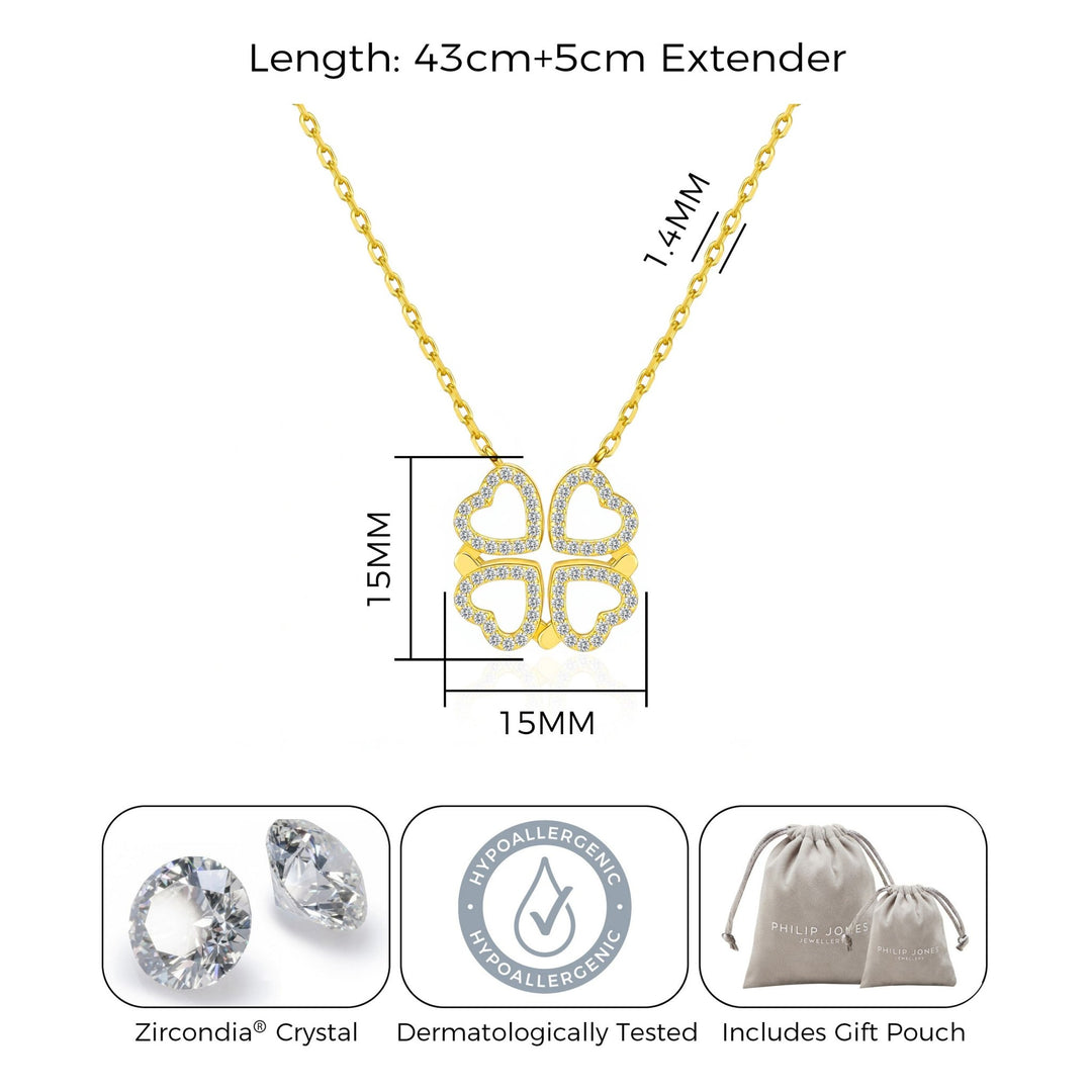 18k Gold Plated 2 in 1 Four Leaf Clover Heart Charm Necklace Created with Zircondia® Crystals - Philip Jones Jewellery