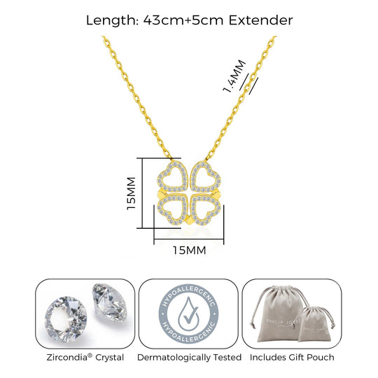 18k Gold Plated 2 in 1 Four Leaf Clover Heart Charm Necklace Created with Zircondia® Crystals - Philip Jones Jewellery