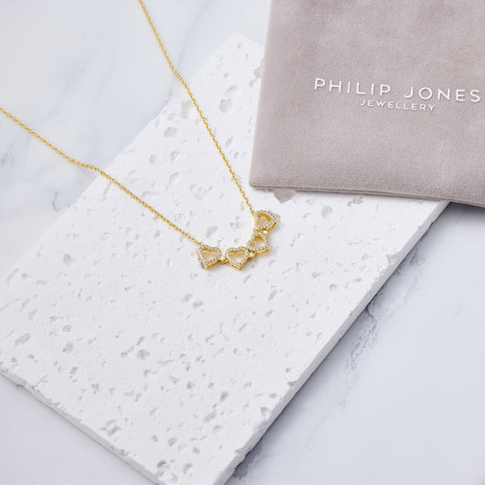 18k Gold Plated 2 in 1 Four Leaf Clover Heart Charm Necklace Created with Zircondia® Crystals - Philip Jones Jewellery