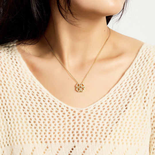 18k Gold Plated 2 in 1 Four Leaf Clover Heart Charm Necklace Created with Zircondia® Crystals - Philip Jones Jewellery