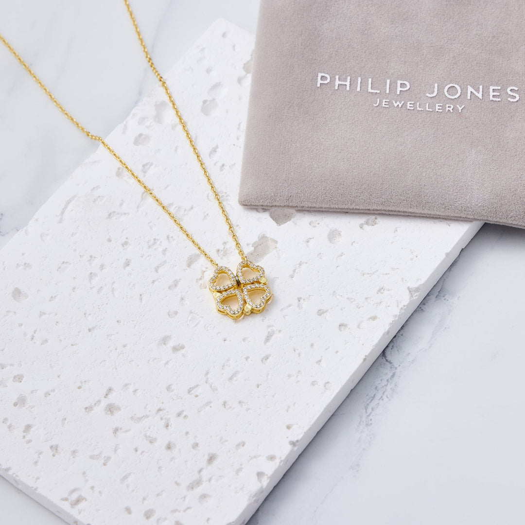 18k Gold Plated 2 in 1 Four Leaf Clover Heart Charm Necklace Created with Zircondia® Crystals - Philip Jones Jewellery