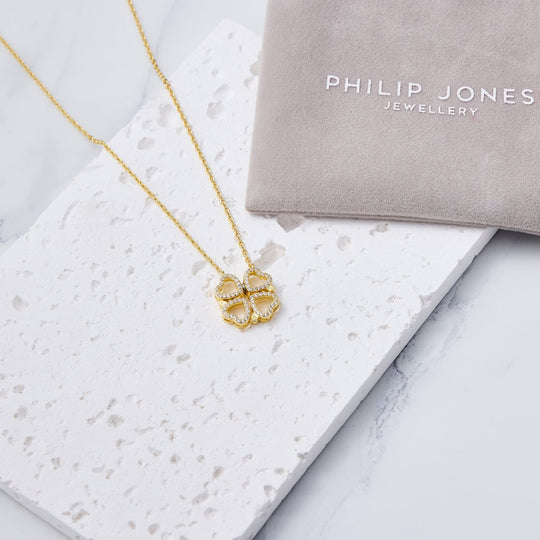 18k Gold Plated 2 in 1 Four Leaf Clover Heart Charm Necklace Created with Zircondia® Crystals - Philip Jones Jewellery