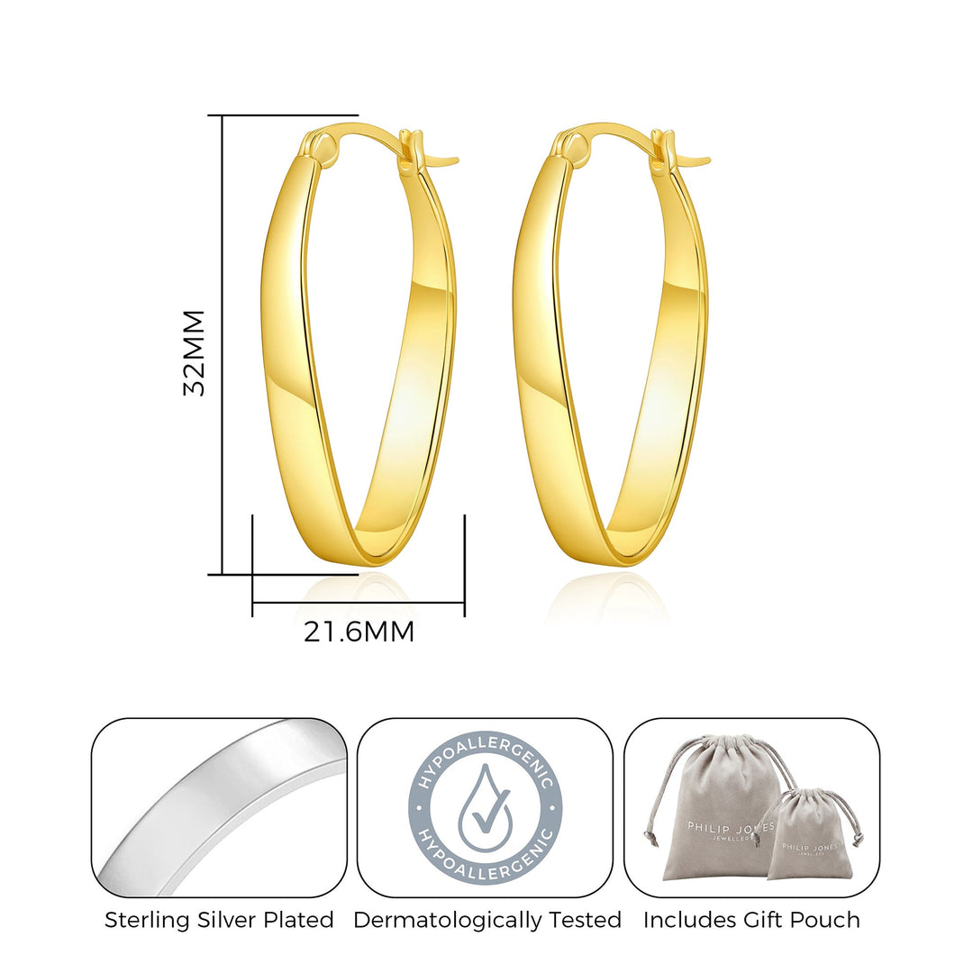 18k Gold Plated 30mm Oval Hoop Earrings - Philip Jones Jewellery