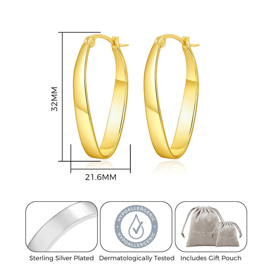 18k Gold Plated 30mm Oval Hoop Earrings - Philip Jones Jewellery