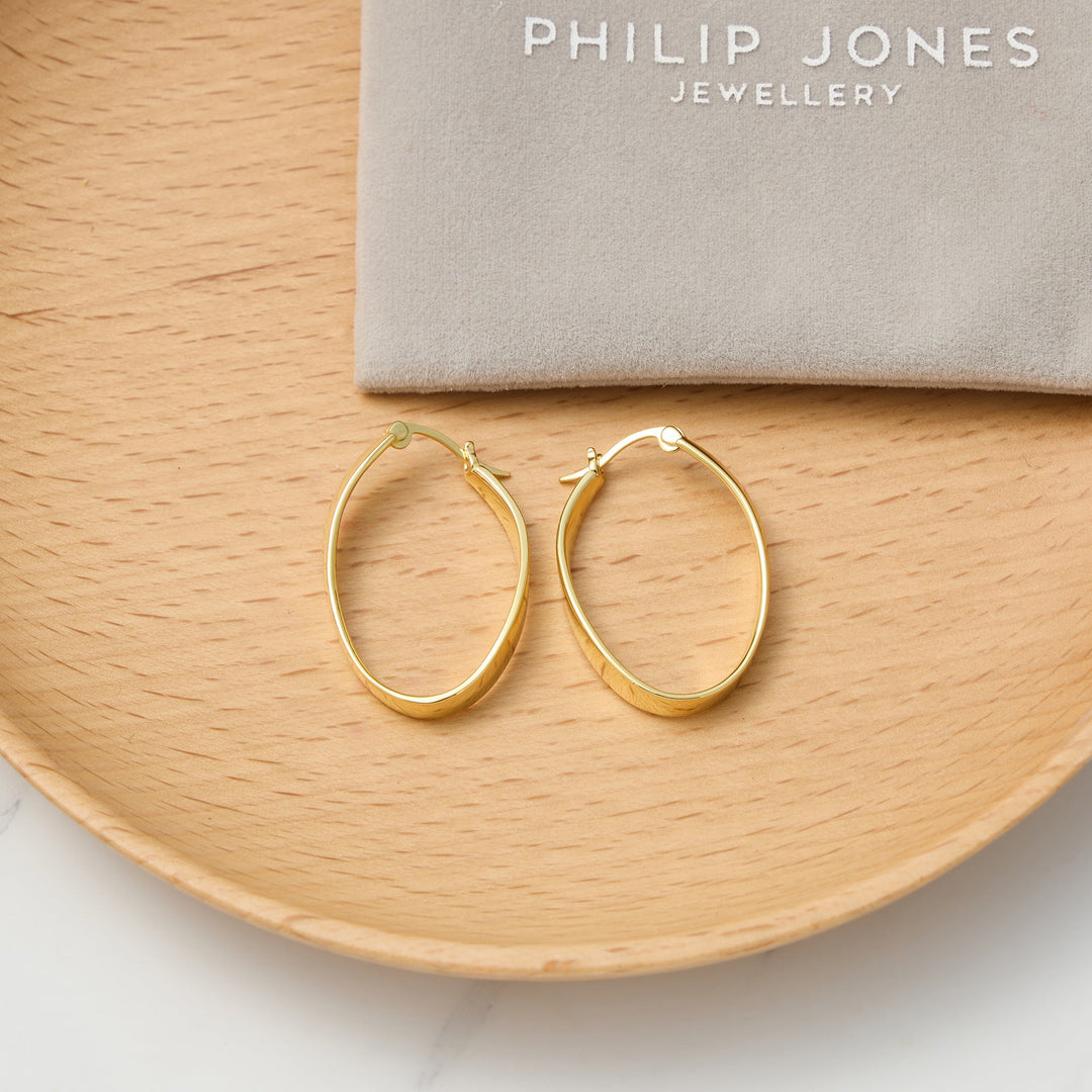 18k Gold Plated 30mm Oval Hoop Earrings - Philip Jones Jewellery