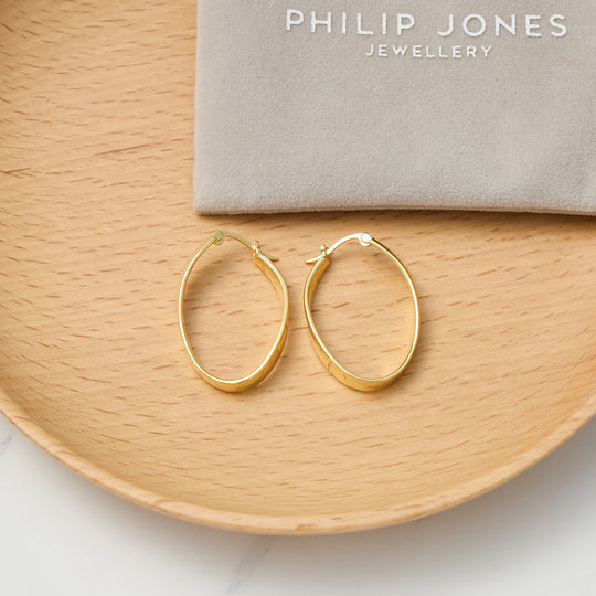 18k Gold Plated 30mm Oval Hoop Earrings - Philip Jones Jewellery