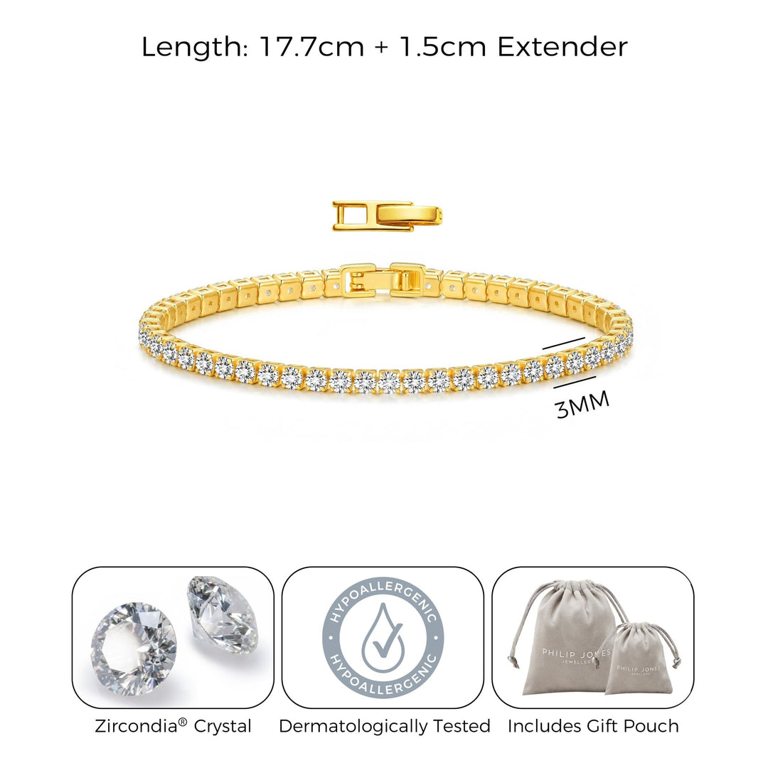 18k Gold Plated 3mm Bridal Tennis Bracelet Created with Zircondia® Crystals
