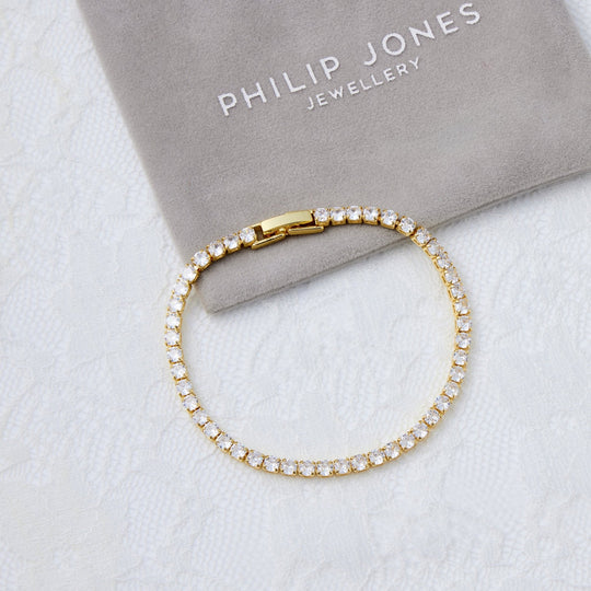 18k Gold Plated 3mm Bridal Tennis Bracelet Created with Zircondia® Crystals - Philip Jones Jewellery