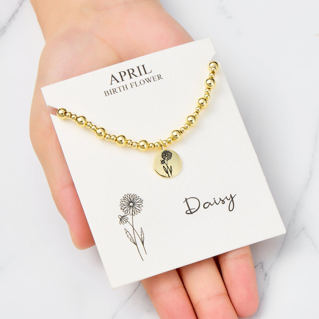 18k Gold Plated April Birth Flower Daisy Beaded Stretch Bracelet with Card